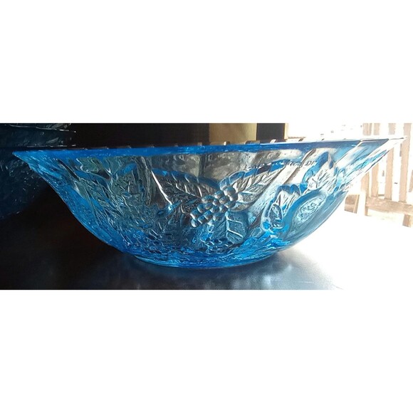 Vintage Kig Ice Blue Pressed Glass Dishes: Poinsettia Design, Set of 12 - Picture 5 of 8